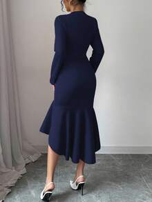 Elenzga 新款女士节日中长连衣裙，西装领长袖不对称鱼尾下摆收腰连衣裙，适合日常穿着、约会、聚会、郊游 - 寶藍色 - 查看 2