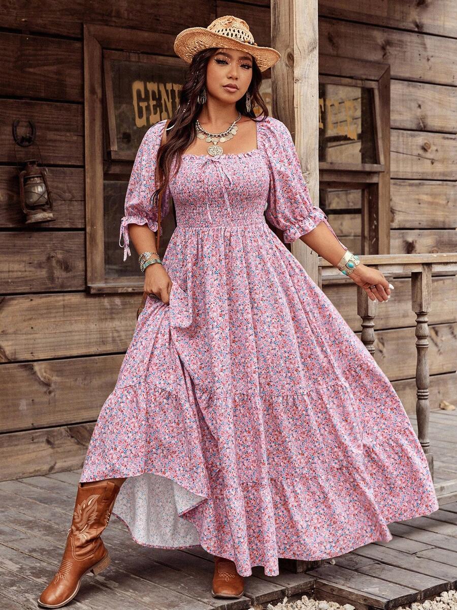 SHEIN MOOSTA 大码女式波西米亚风格复古方领浪漫彩色碎花多层长裙，春夏 - 彩色 - 查看 1