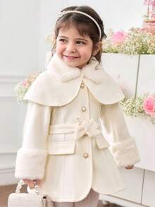SHEIN 女婴休闲可爱拼布人造毛皮腰带斗篷大衣，节日装 - 白色 - 查看 8