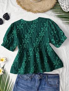 Trelyra Top de manga corta con escote en V de jacquard elegante y fresco para mujeres, nueva blusa de manga corta de moda para el verano 2025 - Verde - Ver 2