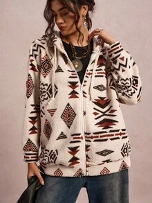 SHEIN LUNE 加大码落肩抽绳卫衣，适合春秋季旅行、机场西部风波西米亚风宽松西部服饰，连帽拉链卫衣，米色Polo衫，时尚冬季棕色派对秋季万圣节圣诞节秋季 - 彩色 - 查看 6