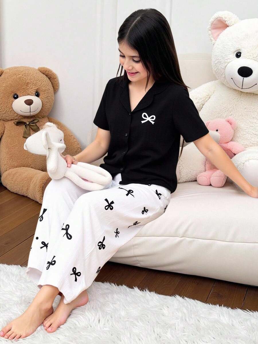 SHEIN 青少年女孩编织睡衣套装，蝴蝶结装饰衬衫，V 领翻领纽扣前短袖上衣和宽松休闲长裤，2 件套睡衣套装