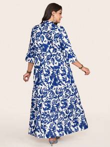 Comfylo Vestido de línea A con parches de silueta de plantas de talla grande, atuendo para concierto country, atuendo de graduación, atuendos de verano para mujeres, atuendos para brunch para mujeres, atuendos para el Día de la Madre, atuendos para la iglesia para mujeres - Azul y blanco - Ver 4