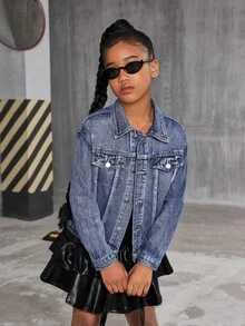 Girls' Oversized Dark Blue Denim Jacket, Casual BF Style, Distressed Wash, Suitable For Daily Wear, Outdoor, Spring/Autumn/Winter Fall - Dark Wash - View 5