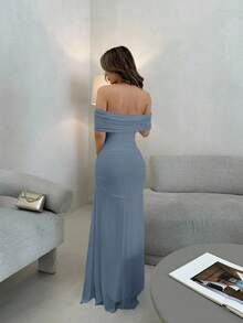 Jemour 女士梦幻露肩褶皱腰连衣裙，优雅适合婚礼和约会 - 藍色 - 查看 2