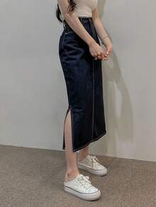 DAZY 复古百搭长款直筒开衩牛仔裙 - 深色水洗藍 - 查看 8