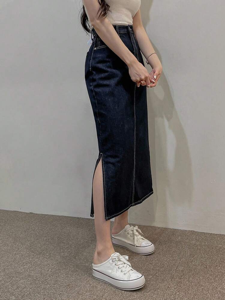 Retro Versatile Long Straight Slit Denim Skirt