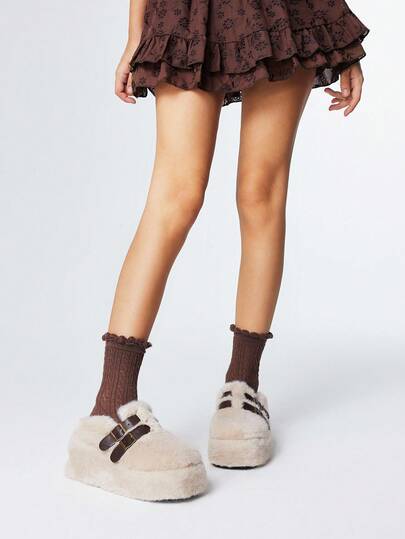 Kawaii Zapatillas de mujer tipo mocasín blancas, cálidas y esponjosas, botines y botas cortas
