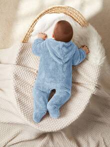 Cozy Pixies 新生男宝宝卡通熊耳朵连帽加厚长袖连脚哈衣 - 藍色 - 查看 2