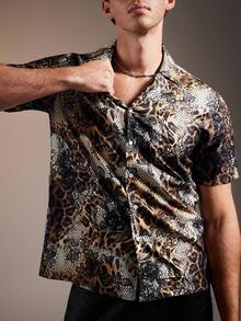 FeverCity Men's Leopard Print Single-Breasted Casual Short Sleeve Shirt - Multicolor - View 1