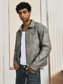 SWAVVY 男士复古风长袖短款外套，秋冬款 - 淺灰色 - 查看 5