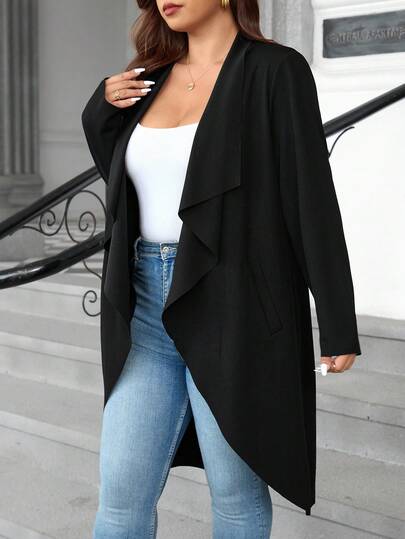 SHEIN Clasi Plus Size Elegant Casual Black Cardigan With Plus Size Collar And Waterfall Drape, Plus Size Black Cardigan, Plus Size Jacket, Waterfall Cardigan Plus Size, Fall For Women, Autumn, Autumn, Women's Winter Coat, Women's Winter Jacket, Halloween For Women, Autumn Coat, Fall Coat, Fall Jacket, Fall Cardigan, Going Out, Going Out Jacket, Going Out Cardigan Office For Women,Fall For Women,Classy Coat