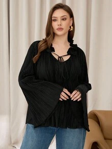 Auralis Tricou negru cu mânecă lungă, mărime plus, costum drăguț de toamnă, cămașă cu tivită din corn, costum negru de Halloween, costum elegant de doamnă, top pentru naveta zilnică, bluză drăguță de toamnă - Negru - Vizualizare 5