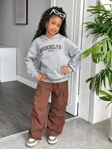 2 件套青少年女孩休闲运动服，宽松长袖连帽运动衫 + 宽松工装裤套装，秋冬日常运动装 - 彩色 - 查看 3