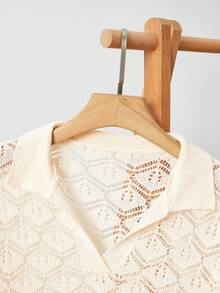Uhlyne Uhlyne Fall Women Clothes Women's Solid Color Loose Casual Vacation Beach Elegant Slit Hollow V-Neck Flare Sleeve Knit Sweater Top Cream Blouse Knitted Sweater - Apricot - View 4