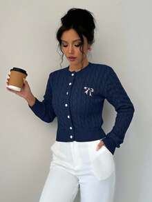 EURMUSE Women's Casual Embroidered Bow Cardigan, Autumn,Cardigans,Long Cardigans Woman,Petite,Tall - Navy Blue - View 5