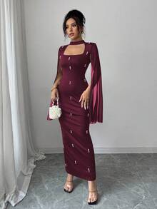 Elenzga Halloween Costume Patchwork Pearl Chiffon Bubble Dress, Elegant Fitted Style For Women - Burgundy - View 4