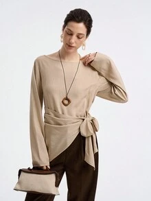 Aalyst Casual & Commute Fashionable High-End Linen Blend Woven Fabric Round Neck Raglan Long Sleeve Tie Waist Slim Asymmetrical Hem Women Blouse Fall Cloth For Women