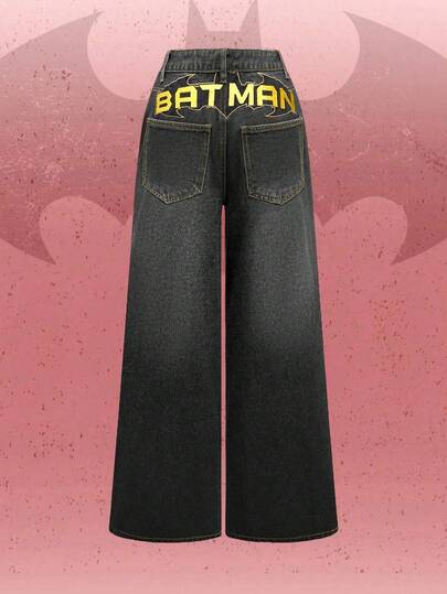 Batman X ROMWE Back To School Street Fashion Vintage Distressed Contrast Stitching Loose Wide Leg Boy Friend Jeans
