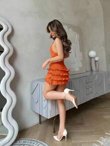 Jemour 夏季海滩度假彩色格子钩针吊带连衣裙泳衣罩衫 - 橘色 - 查看 5