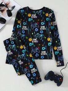 2 件套 Gamer Boy 霓虹灯印花圆领长袖上衣和裤子柔软弹力针织家居服套装 - 彩色 - 查看 2