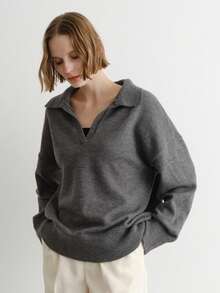 FRIFUL Women's Solid Dark Gray Turndown Collar Dropped Shoulder Long Sleeve Loose Casual Pullover Sweater, Autumn/Winter - Grey - View 6