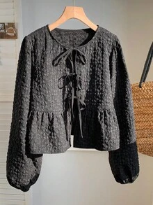 SHEIN Comfortcana 女式黑色纯色荷叶边下摆系带腰休闲长袖衬衫，秋季 - 黑色 - 查看 4