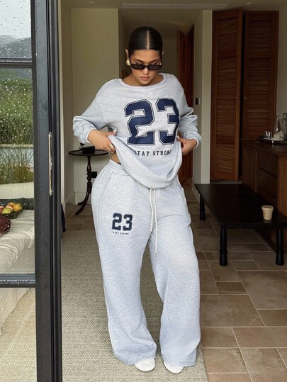 Dripcurv Plus Size Street Fashion Plus Size Number Printed Thermal Lined Sweatshirt And Sweatpants 2 Pieces Set, Suitable For Autumn/Winter