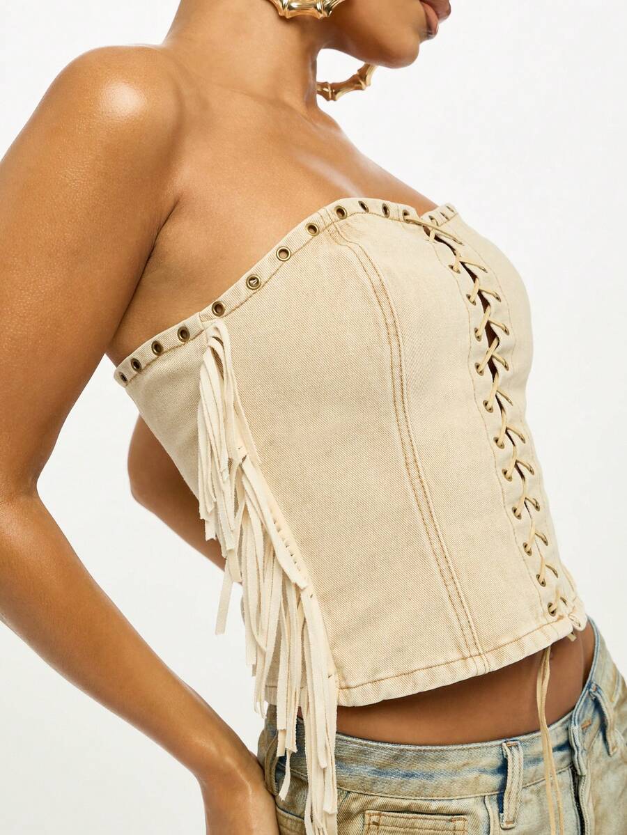 SUMWON WOMEN Denim Eyelet Lace Up Corset Top With Fringe Detail Strapless Bustier
