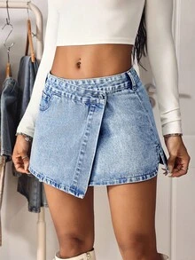 SHEIN Tall 女式不对称下摆牛仔迷你裙，带口袋，夏季时尚 - 淺色水洗藍 - 查看 3