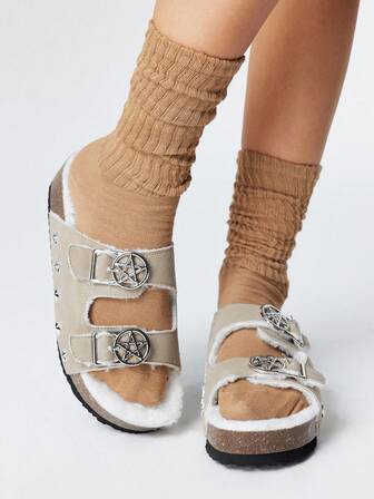 Grunge Punk Sandalias de playa de estilo romano punk oscuro para mujer, zapatillas de vacaciones con tira deslizante, sandalias de plataforma con cuña y punta abierta con estrella