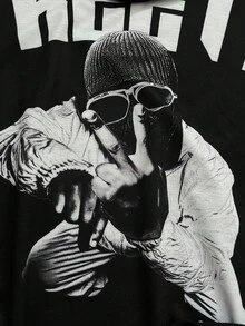 SHEIN 2 件套青少年男孩舒适宽松连帽衫，带肖像图案和白色运动裤，休闲运动服适合秋冬季场合，如郊游、聚会、学校 - 黑與白 - 查看 6