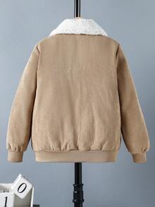 SHEIN 青少年男孩休闲翻领长袖羊毛开衫夹克、外套 - 卡其色 - 查看 2