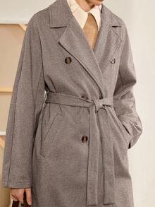 Almamuse Women's Autumn/Winter Herringbone Lapel Double-Breasted Belted Loose Long Coat