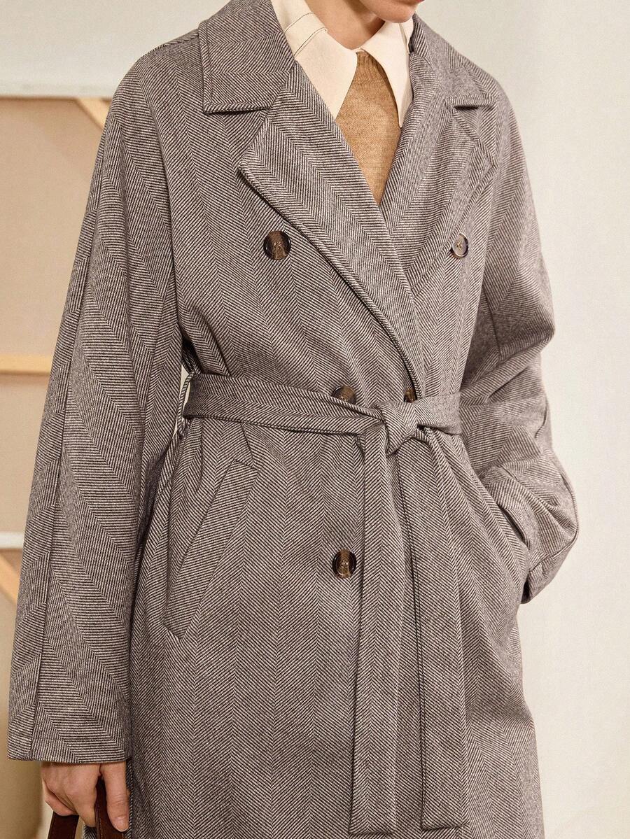 Almamuse Women's Autumn/Winter Herringbone Lapel Double-Breasted Belted Loose Long Coat