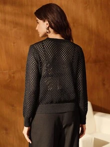 Anewsta Elegant French Style Floral Embroidery Hollow Out Crew Neck Sweater, Autumn/Winter