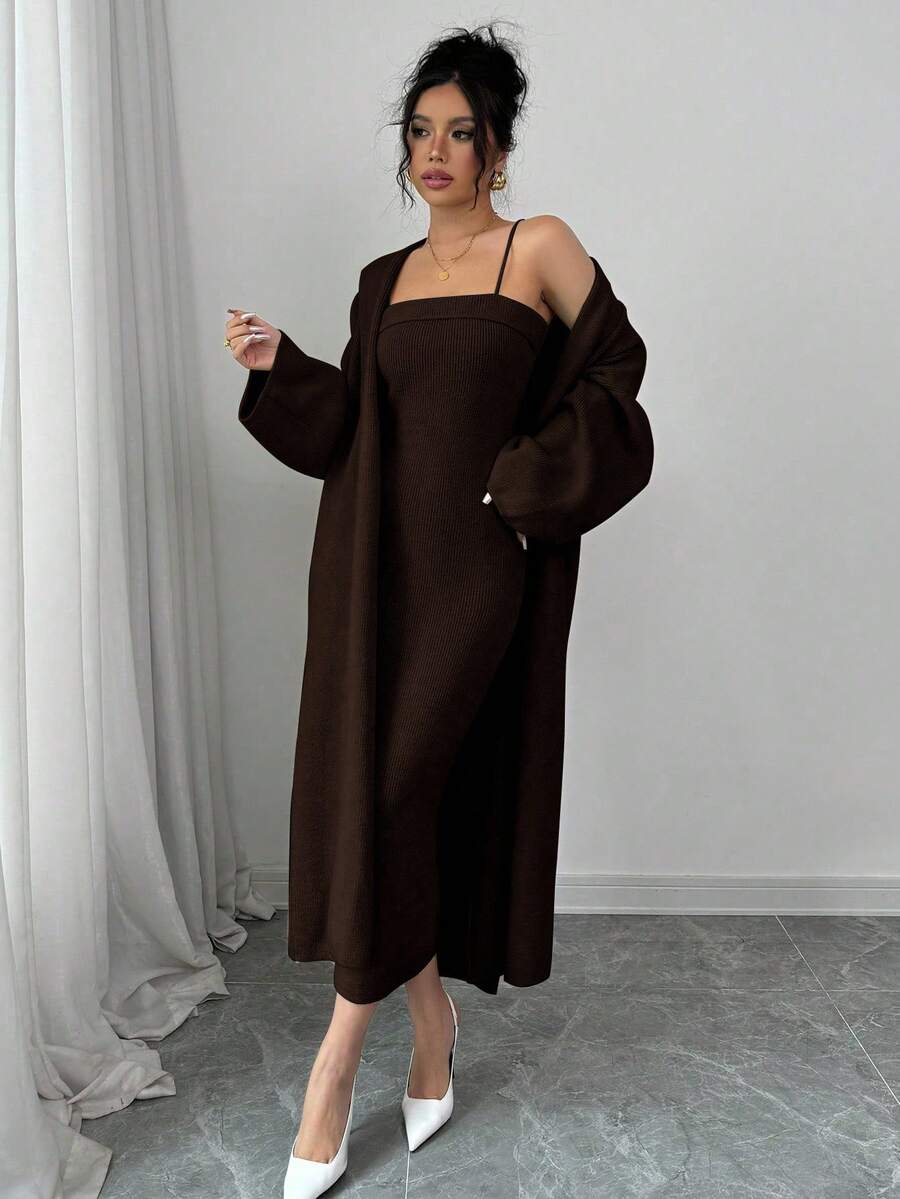 Rafferiza 2 chiếc váy liền thân màu trơn dây mảnh tối giản cho nam kèm áo khoác dài tay Bộ đồ thường ngày Áo choàng lớn Áo len dài Áo choàng kéo Áo choàng dài Áo len maxi - Rỉ Nâu - Xem 1