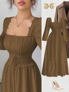 Elenzga Spring/Autumn New Cream Yellow French Design Puff Sleeve Patchwork Frill Trim Elegant High-Waist Slim Long Sleeve Dress - Brown - View 1