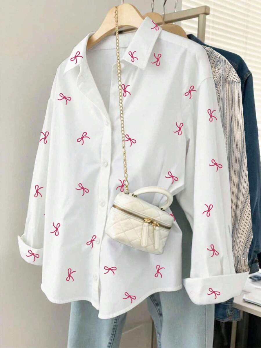 INAWLY 女士蝴蝶结印花单排扣休闲宽松长袖衬衫 - 白色 - 查看 1