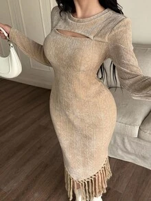 Feyla Women's Round Neck Hollow Out Fashionable Fitted Fringed Dress - Apricot - View 5