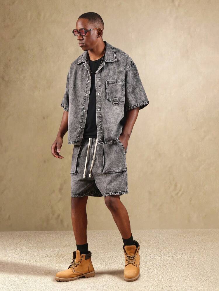 Boxy Denim Shirt And Cargo Shorts Set With Pocket Details
