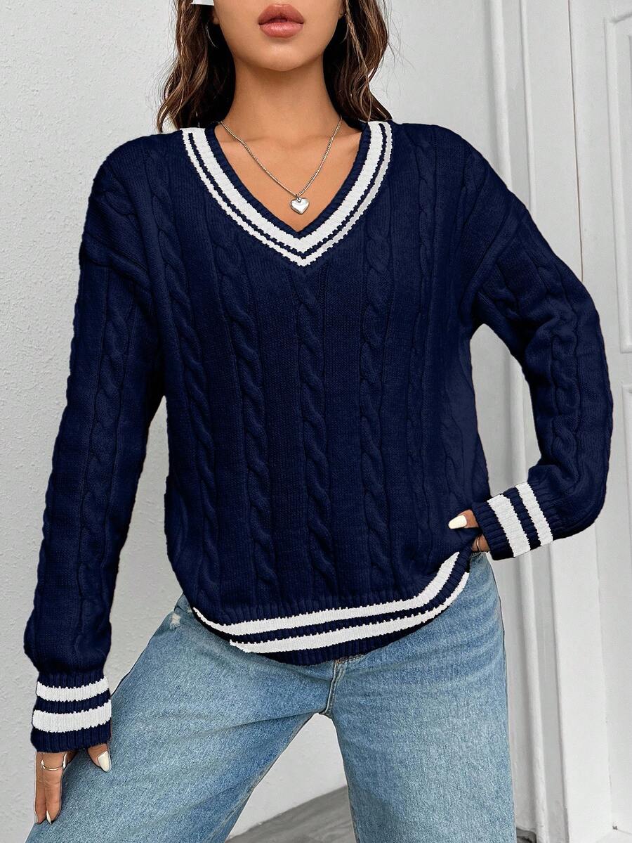 Women's Striped V-Neck Dropped Shoulder Long Sleeve Cable Pattern Regular Sweater, Autumn,Jumper,Cream Jumper,Jumpers,Christmas Jumper,White Jumper,Black Jumper,Ladies Jumper,Women's Jumpers