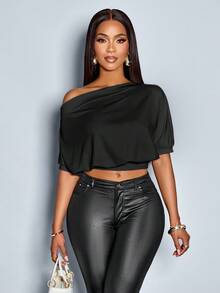 SOLERSUN Women's Solid Asymmetrical Neck Ruched Shoulder Tee - Black - View 3