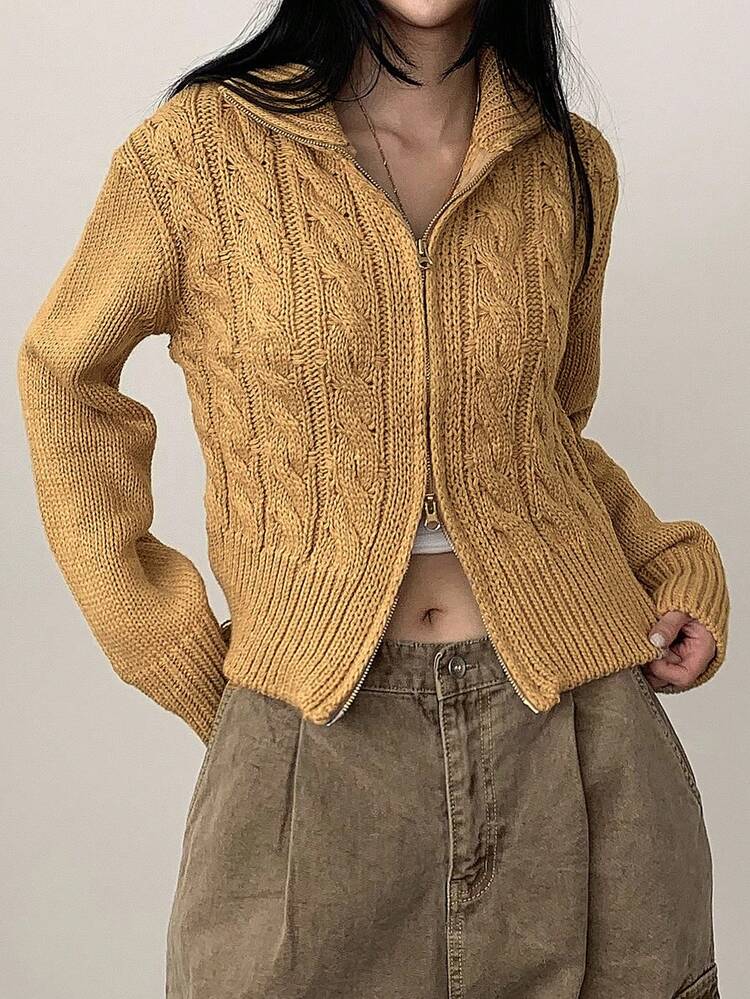 Women's Turndown Collar Cable Knit Cardigan Sweater, Short Cropped Loose Casual Chic Zip-Up Design, Autumn/Winter