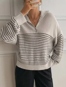 DAZY Stylish Black & White Striped Stand Collar Zip-Up Long Sleeve Sweater, Casual Oversized Pullover For Women Winter - Black and White - View 6