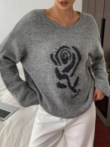 DAZY 女式灰色圆领套头毛衣，搭配撞色玫瑰印花图案，冬季 - 灰色 - 查看 6