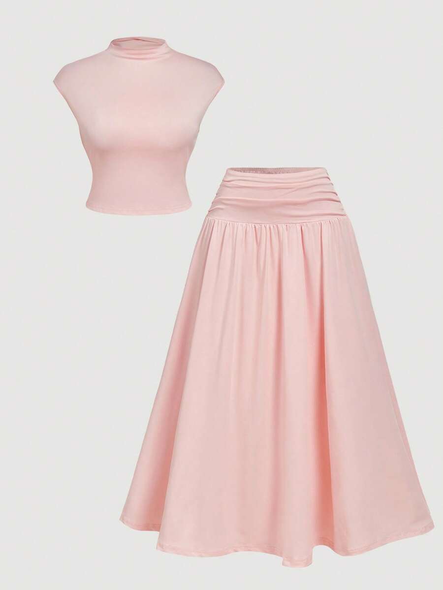SHEIN MOD Bộ 2 món màu hồng cỡ lớn: Áo cổ đứng & Chân váy ôm - Hồng - Xem 1
