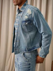 Manfinity Homme Plus Size Men's Light Blue Distressed Ripped Denim Jacket, Fall - Light Wash - View 5