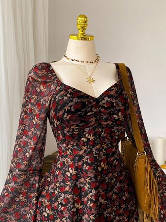 Comfortcana Plus Size Casual Brun Lönnlövsmönstrad Långärmad Klänning, Höst/Vinter