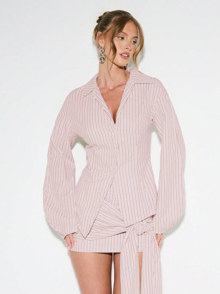 KIZN Pinstripe Asymmetric Blouse With Puff Sleeves And Tie Detail
